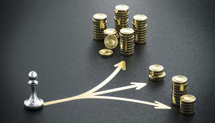 Diversification - tycoonstory | tycoonstory media A metallic pawn stands at the base of three diverging paths with arrows, each leading to stacks of gold coins, symbolizing challenges in investing and potential financial growth choices