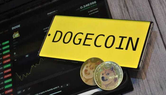 Dogecoin in the investment landscape - tycoonstory | tycoonstory media Dogecoin logo displayed on a yellow screen with two physical dogecoin tokens in front, and a trading chart in the background.