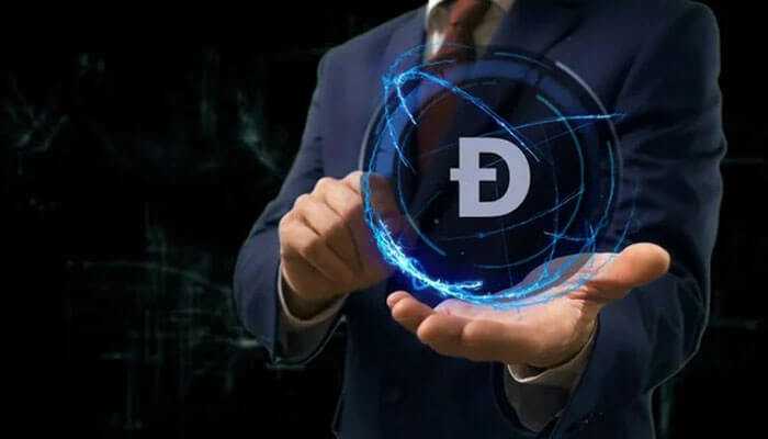 Dogecoins transition to mainstream recognition - tycoonstory | tycoonstory media Businessperson in suit holding a digital dogecoin symbol, glowing blue aura across the background, symbolizing cryptocurrency investment.