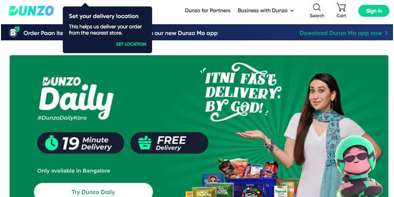 Dunzo - tycoonstory | tycoonstory media Dunzo homepage highlighting fast delivery services and daily essentials in bangalore.