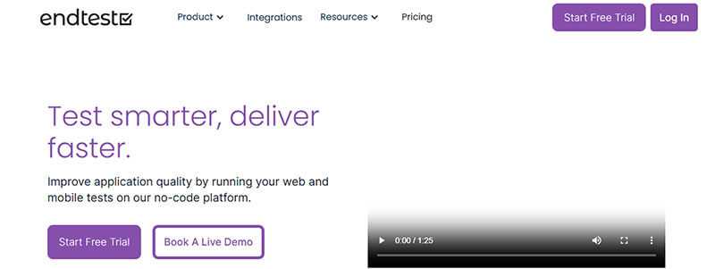 Endtest - tycoonstory | tycoonstory media Endtest homepage highlighting no-code platform for web and mobile testing with options to start free trial or demo.