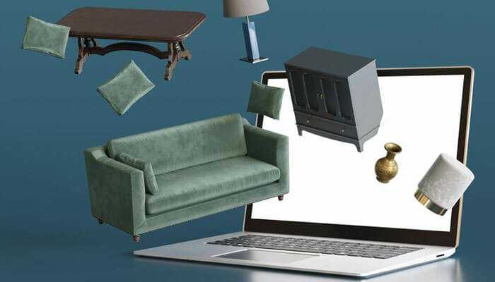 Features that drive online sales for furniture stores - tycoonstory | tycoonstory media Furniture brands showcasing various pieces like a sofa, table, lamp, and cabinet emerging from a laptop screen, representing online shopping