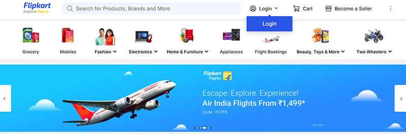 Flipkart - tycoonstory | tycoonstory media Flipkart homepage, offering everything from groceries to fashion, electronics, and flight bookings.