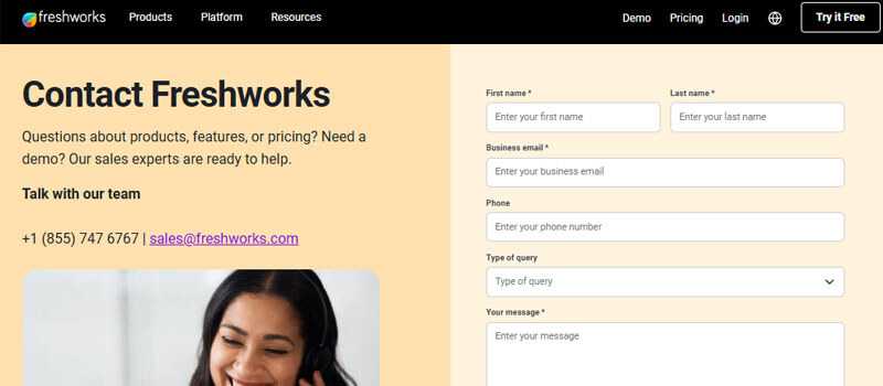 Freshworks - tycoonstory | tycoonstory media Freshworks contact page form to submit queries on products, features, or pricing with contact details.