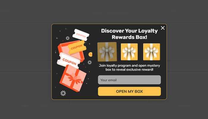 Gamification - tycoonstory | tycoonstory media Seasonal popups with loyalty rewards, mystery box, gift illustrations, and email entry form