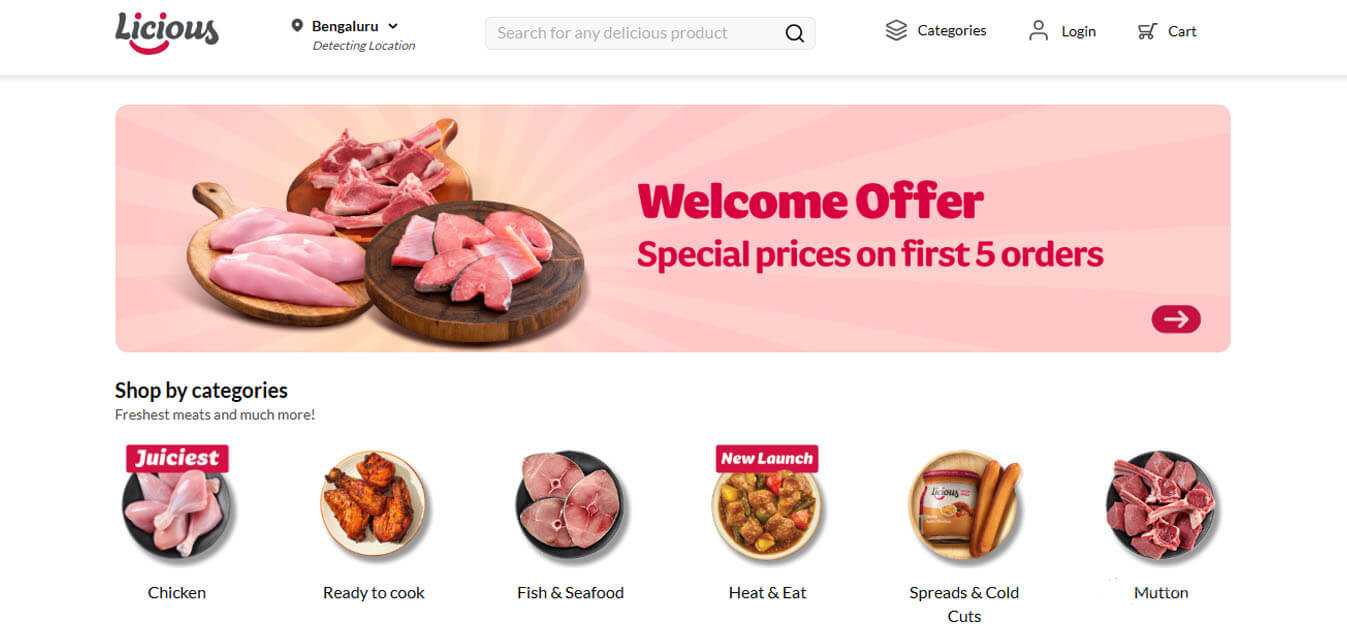 Licious - tycoonstory | tycoonstory media The licious homepage with a special welcome offer and fresh meat and seafood categories.