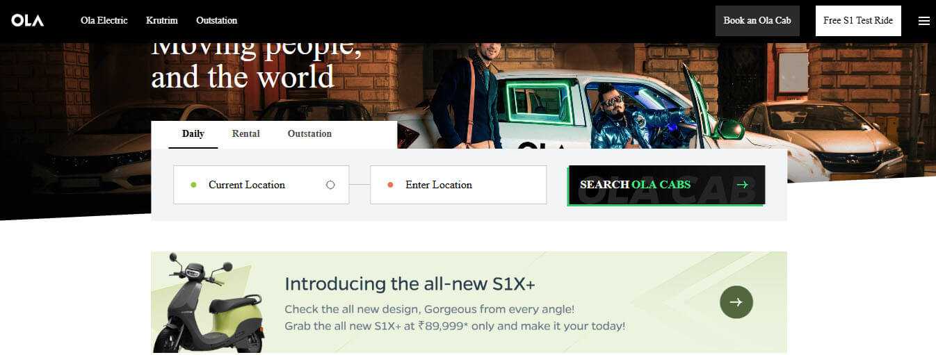 Ola - tycoonstory | tycoonstory media Ola homepage with services like cab booking, daily rentals along with announcing the new s1x+ electric scooter launch.