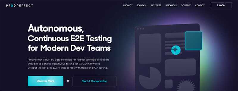 Prodperfect - tycoonstory | tycoonstory media Prodperfect homepage showing autonomous e2e testing for modern dev teams with options to discover more or start a chat.