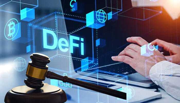 Regulatory uncertainties - tycoonstory | tycoonstory media Defi on a blockchain background, gavel in hand to show regulation, and hands typing about defi yield farming pools.