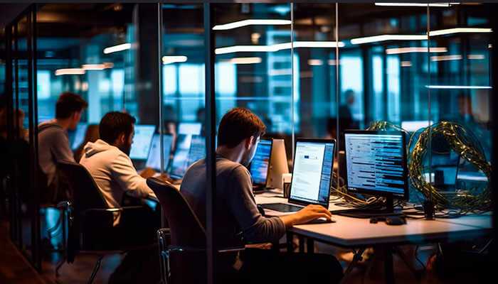 Scalability and flexibility - tycoontsory | tycoonstory media Professionals working on computers in a modern, glass-enclosed office, representing managed it services, technology careers, and blockchain development