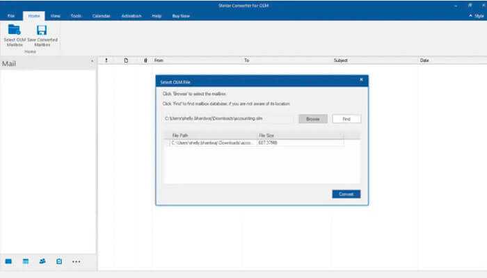 Scan the mailbox - tycoonstory | tycoonstory media A software interface for convert olm file to pst, showing an open olm file window for selecting a file, with file path and size displayed.
