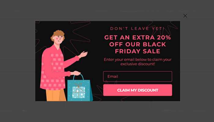 Seasonal templates from claspos template library - tycoonstory | tycoonstory media Seasonal popups black friday sale extra 20 percent off offer with email signup and discount claim button