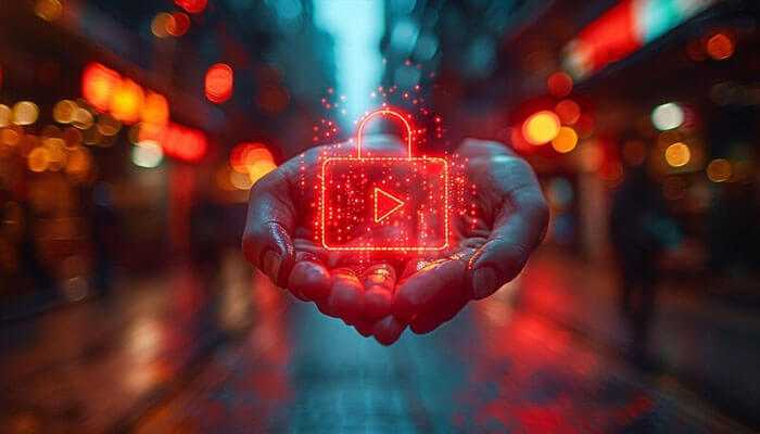 Secure playback - tycoonstory | tycoonstory media A glowing red lock with a play icon, symbolizing secure video playback using js video players with drm tools, held in cupped hands against a blurred city background