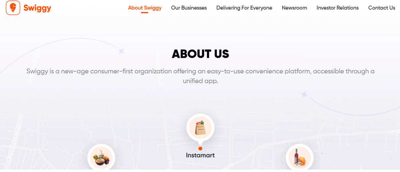 Swiggy - tycoonstory | tycoonstory media Swiggy about us page, showcasing its convenience platform for food delivery and grocery service on one app.