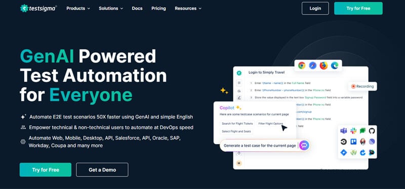 Testsigma - tycoonstory | tycoonstory media Testsigma homepage featuring genai-powered test automation with easy test case generation represents perfecto mobile alternatives.