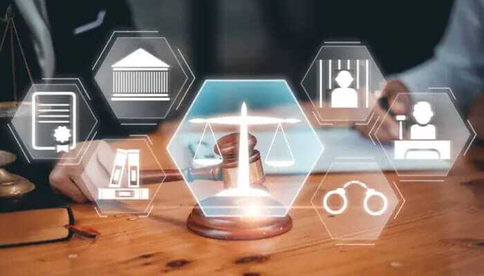 Trends shaping the future of legal practice - tycoonstory | tycoonstory media Modern legal practice concept with digital icons overlaying a gavel, scales of justice, courthouse, handcuffs, and legal books.