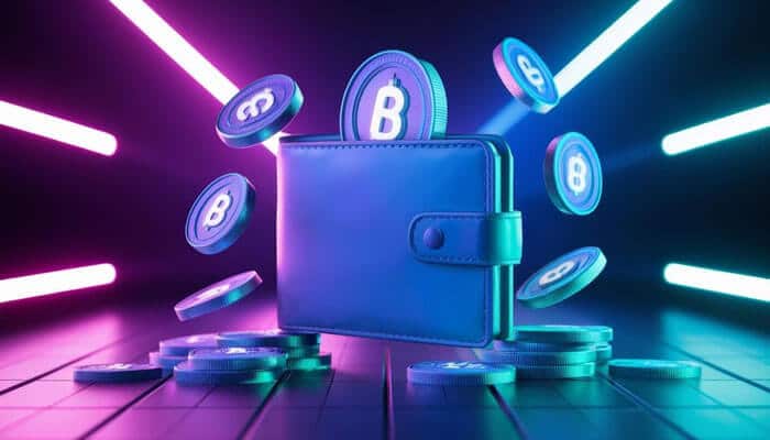 What are web3 wallets used for- tycoonstory | tycoonstory media Digital illustration of a web3 wallets surrounded by cryptocurrency coins, representing secure storage, decentralized finance, and digital asset management in a futuristic, neon-lit environment