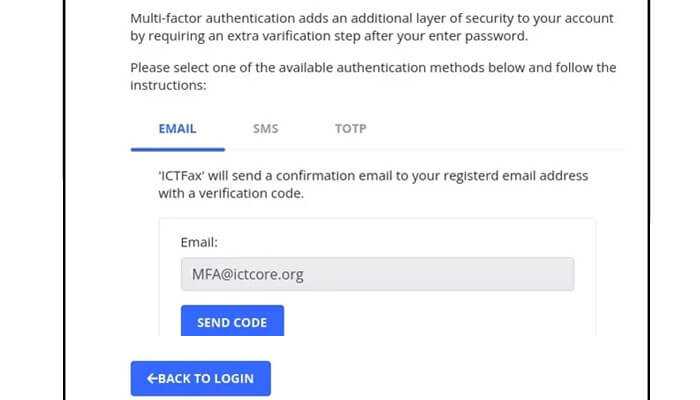 Advanced security features including mfa support - tycoonstory | tycoonstory media Ictfax multi-factor authentication screen with email, sms, and totp options, showing email verification via mfa.