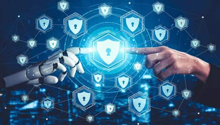 Ai-driven fraud prevention - tycoonstory | tycoonstory media Ai in revolutionizing coupon websites, with robotic hands and human hands interconnected in digital security and technical icons.