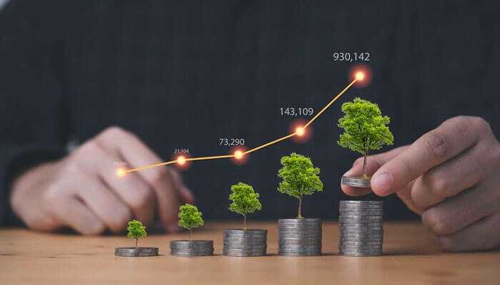 Benefits of micro-investing - tycoonstory | tycoonstory media Stacks of coins with small trees growing on top, symbolizing micro-investing and financial growth, with a hand placing a larger tree on the tallest stack and an upward trend line displaying growth figures