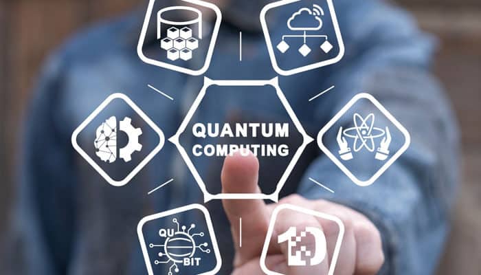 Challenges of implementing quantum computing in finance - tycoonstory | tycoonstory media A person pointing at a futuristic interface with quantum computing in finance in the center, surrounded by icons representing qubits, algorithms, cloud computing, and atomic structures.