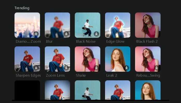 Choose and apply effects - tycoonstory | tycoonstory media A selection of trending video effects in the capcut interface, showcasing various styles such as blur, zoom, and color enhancements.