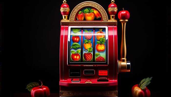 Classic fruit machines - tycoonstory | tycoonstory media A classic slots machine featuring vibrant fruit symbols, including apples, strawberries, and oranges, with a red and gold design. The machine has a lever on the side and is surrounded by a few apples