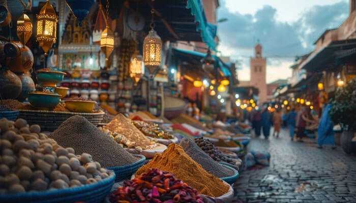 Creating a market strategy - tycoonstory | tycoonstory media Colorful spices and goods displayed in a vibrant, traditional middle eastern market with ornate hanging lanterns and cobblestone streets at dusk