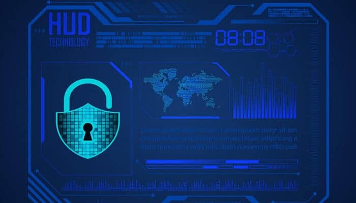 Cybersecurity - tycoonstory | tycoonstory media Futuristic hud interface showcasing tech solutions with a padlock symbol, blue neon theme, and cybersecurity elements like a map and data graphs