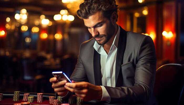 Deposits and withdrawals - tycoonstory | tycoonstory media A man in a suit at a casino table using a smartphone, surrounded by poker chips, symbolizing nz online casino gaming.