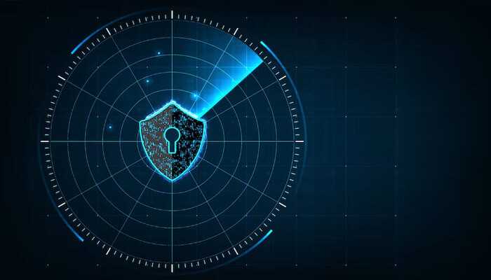 Enhanced security - tycoonstory | tycoonstory media Cybersecurity concept featuring a digital shield with a keyhole at the center, surrounded by a radar interface, symbolizing protection and data security measures for dedicated servers.