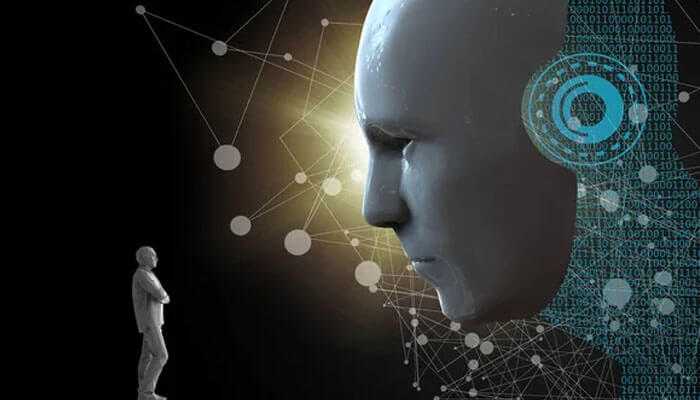 General ai - tycoonstory | tycoonstory media A futuristic concept with a human figure facing a large ai humanoid head, symbolizing the rise in artificial intelligence.