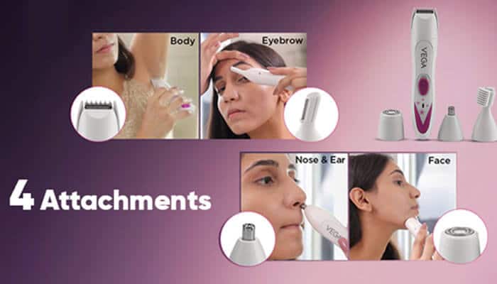 Get rid of unwanted body hair - tycoonstory | tycoonstory media Vega 4-in-1 grooming kit with attachments for body, eyebrows, nose & ear, and face shown for multifunctional uses.