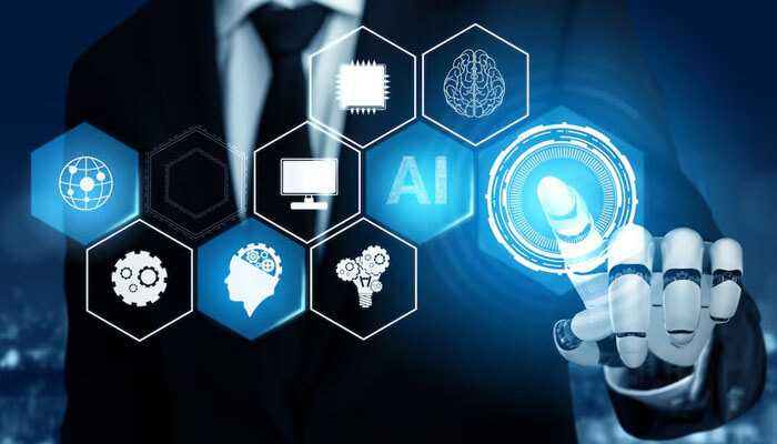 Identifying high-impact ai use cases - tycoonstory | tycoonstory media A robotic hand interacting with futuristic icons, struggling to implement ai, including a brain, microchips, and technology symbols