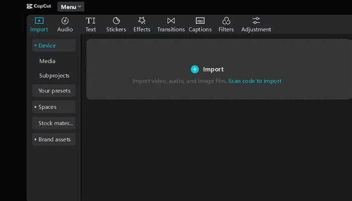 Import your video clips - tycoonstory | tycoonstory media The capcut interface showing the import panel, with options to import media, presets, and other assets for editing.