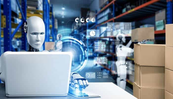 Improving decision-making through data insights - tycoonstory | tycoonstory media Ai robot in a warehouse using data analytics, showcasing ai to improve b2b wholesale operations and manage inventory.