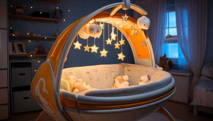 Innovative features for modern cribs - tycoonstory | tycoonstory media Diy smart baby cots illuminated with soft lights, featuring a hanging mobile with stars and clouds, creating a warm and serene nursery atmosphere
