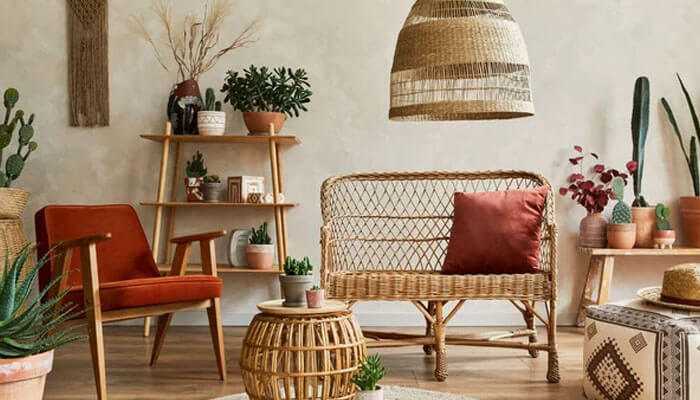 Integrating modern solutions for sustainable living - tycoonstory | tycoonstory media Cozy boho-style living room with wicker furniture, indoor plants, and earthy-toned decor that helps in creating healthy homes.