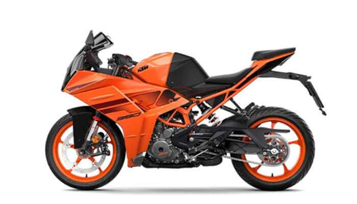 Ktm rc 390 - tycoonstory | tycoonstory media Side view of an orange and black ktm rc 390 sports super bikes, showing its sleek design and aerodynamic build.
