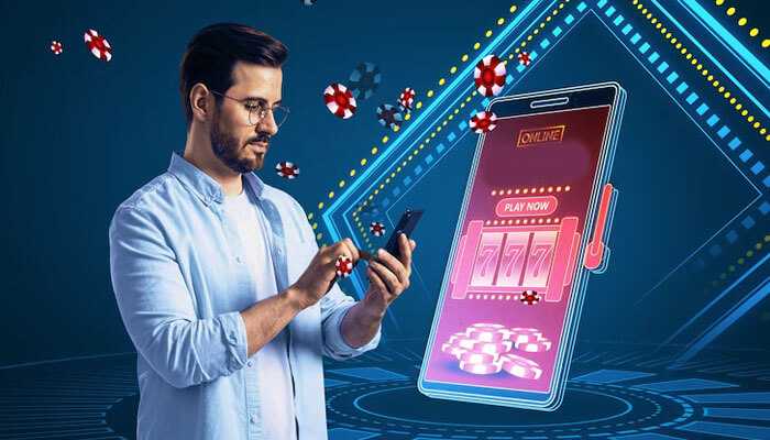 Surveys and polls - tycoonstory | tycoonstory media A man using a smartphone with a digital casino interface; players opinions in igaming are highlighted with slot graphics.