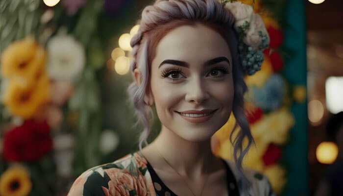 The benefits of ai-generated professional photos - tycoonstory | tycoonstory media A portrait of a smiling woman with light purple hair, adorned with flowers, showcasing the impact of ai in professional photography, set against a vibrant background of colorful blooms and warm lights