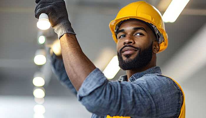 The role of technology in modern led lighting solutions - tycoonstory | tycoonstory media Electrician in yellow hard hat and gloves, installing an led light, symbolizing modern led lighting services.