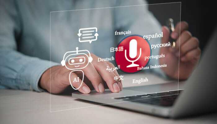Use cases of ai-powered translation in customer support - tycoonstory | tycoonstory media A person using a laptop with ai-powered translation software featuring multilingual options and a microphone icon.