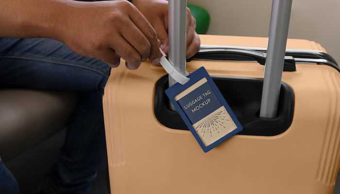 Use luggage tags - tycoonstory | tycoonstory media A person attaching a luggage tag to the handle of a beige suitcase, part of luggage sets, with the tag reading luggage tag mockup