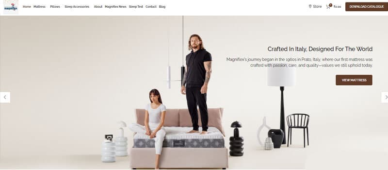 Armonia memoform dual mattress - tycoonstory | tycoonstory media The image is a magniflex banner featuring a man standing and a woman sitting on a mattress, with text highlighting italian craftsmanship and a view mattress button.