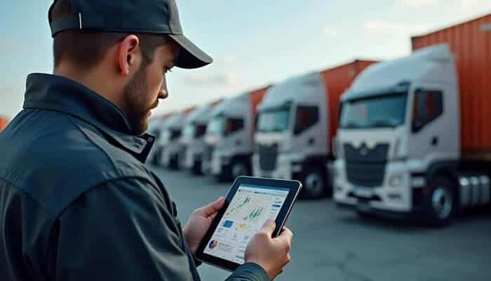 Digitalizing dispatch system - tycoonstory | tycoonstory media Fleet management showing a manager using a tablet to oversee vehicles with trucks parked in the background