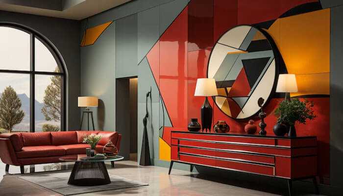 Durable and low maintenance - tycoonstory | tycoonstory media Texture paint for modern interiors. A bright geometric accent wall and sleek modern furniture define this modern space.