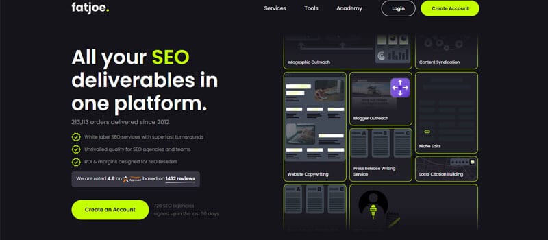 Fatjoe - tycoonstory | tycoonstory media Fatjoe homepage highlighting an seo platform offering services like infographic outreach, blogger outreach, niche edits, and local citation building features 213,113 orders since 2012, a 4. 8-star rating, and a create an account' button