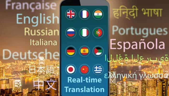 Global reach with localization - tycoonstory | tycoonstory media Smartphone with real-time translation and flags, showing android app development for multilingual communication.