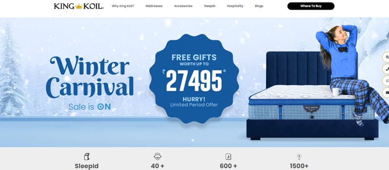 King koil imattress - tycoonstory | tycoonstory media King koil winter carnival sale banner for luxury mattresses, offering free gifts worth ₹27,495 with a limited-time offer, featuring a bed and a woman stretching comfortably